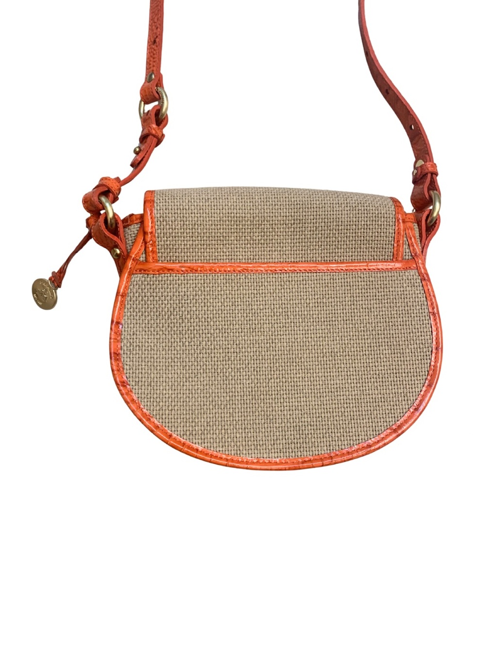 BRAHMIN Orange Leather Tan Raffia Crossbody Saddle Bag Coastal Nautical Preppy - Picture 6 of 10